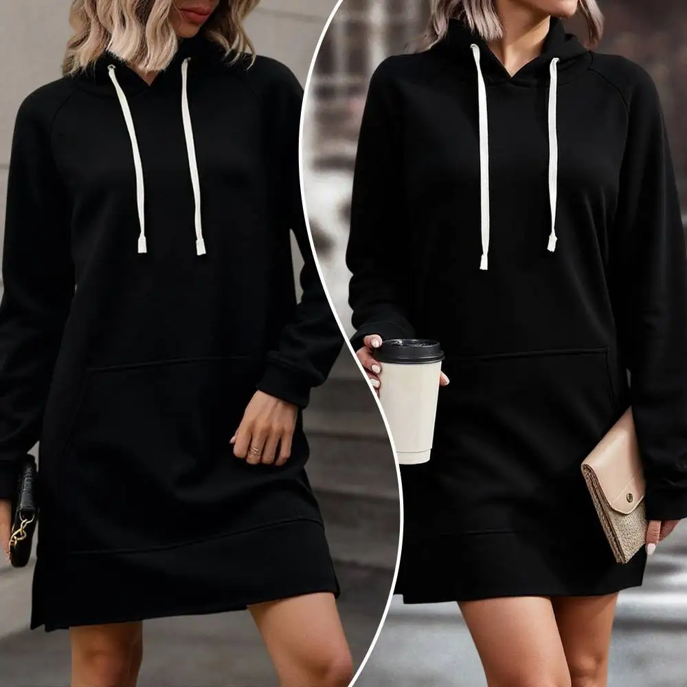 Sukienka damska z kapturem, czarna, z długim rękawem, oversize, z rozcięciem u dołu, sznurkiem, dużymi kieszeniami, luźna, streetwearowa, codzienna, na co dzień, 2025