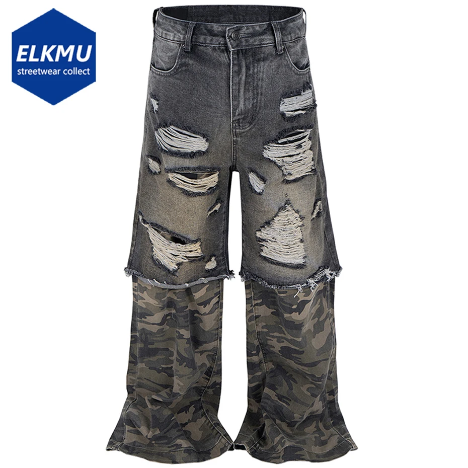 

Camouflage Patchwork Jeans Vintage Ripped Baggy Jeans Men's Streetwear Harajuku Hip Hop Jeans Denim Pants