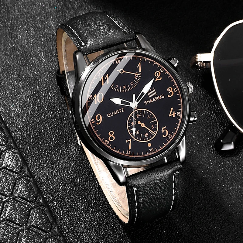 Minimalist Men Business Watch Three Eyes Digital Big Dial Fashion Casual Quartz Wristwatch Leather Strap Sports Watches