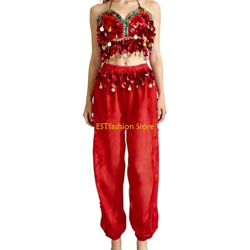 

Y5GC 2Pcs Belly Dance Costume Set for Womens Belly Dance Sequins Bra Tops and Harems Pants Trousers Set Belly Dancing Outfits