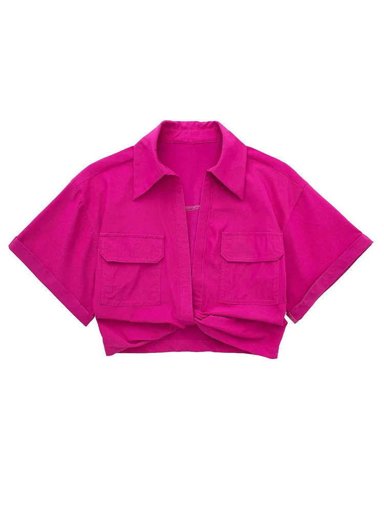 Women Shirt Front Knot elastic linen blend Solid color Blouse Short Sleeve Lapel with chest pocket Tops