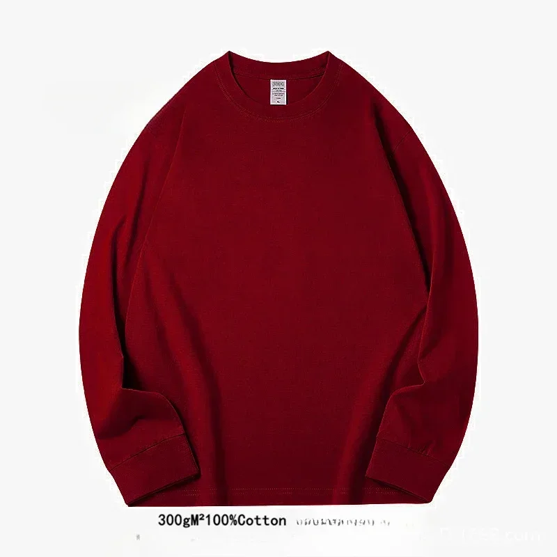 Spring Autumn 300g Heavy-duty Pure Cotton Long Sleeved  T-shirt FLoose White Top Thick Base Layer Underneath for Men and Women image 6