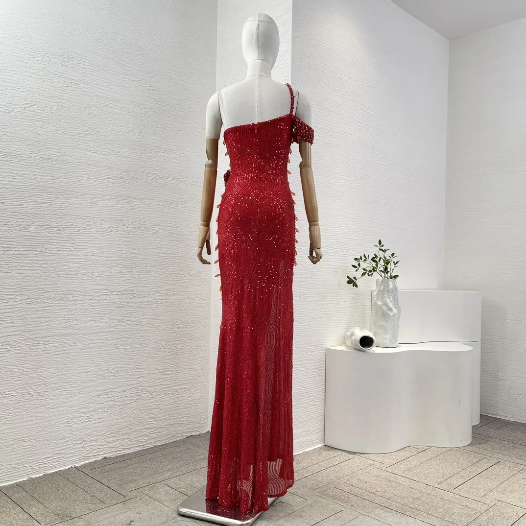 2024 Herbst rot aus geschnitten eine Schulter Diamanten Pailletten Seitens chlitz Maxi sexy Kleid für Frauen