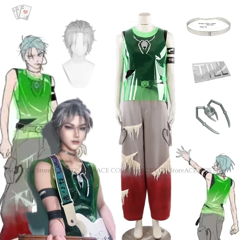 ALIEN STAGE Round 7 Blink Gone Till Cosplay Costume Wig Armband Prop Necklace Decor Unisex Green Vest Pants Performance Party