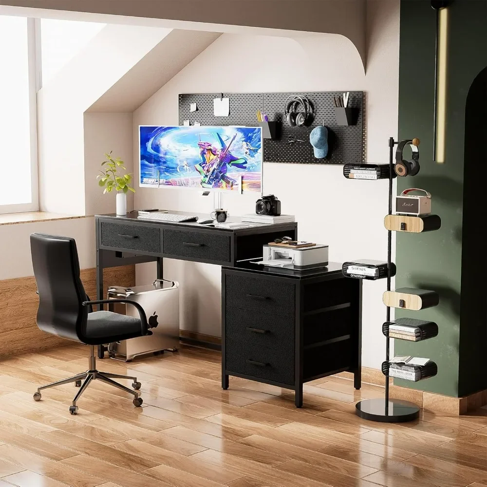 Reversible Computer Desk with 5 Drawers,Sturdy Office Desk with Power Outlets and  Ports,Vanity Desk with Storage