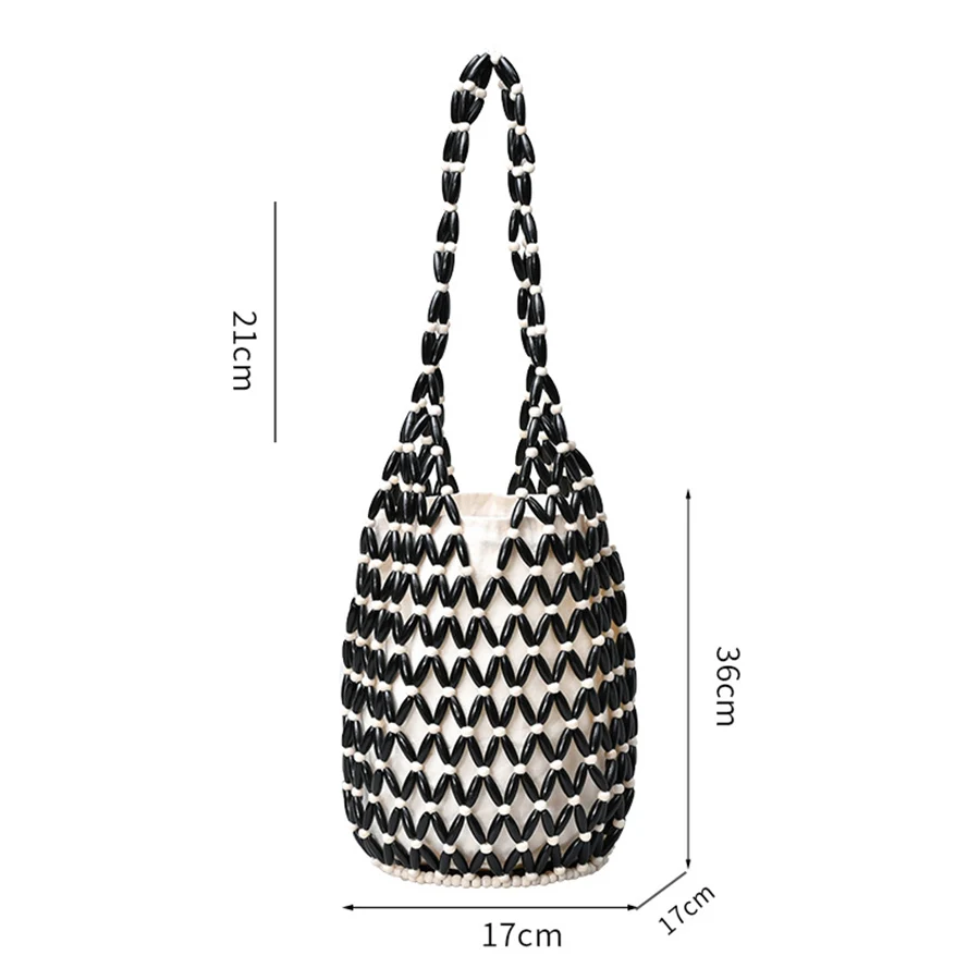 Women's Woven Handbag, Summer Design, Perforated Wooden Bead Handbag, Bucket Shoulder Bag, Mesh Canvas Beach Handbag