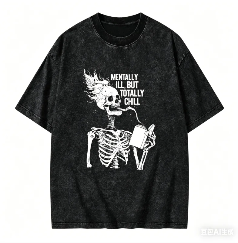 Camiseta divertida de manga corta con estampado de esqueleto y cita 'Mentally Ill But Totally Chill', estilo vintage, de algodón, oversize, para mujer y hombre