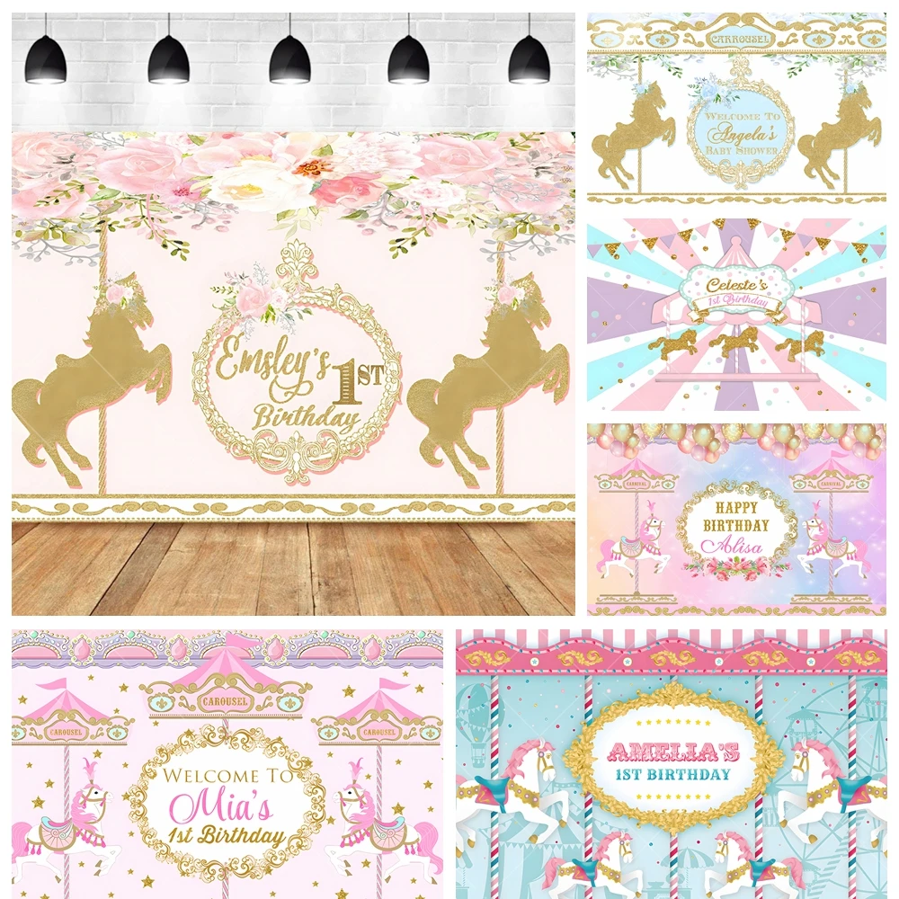 

Amusement Park Pink Carousel Cute Girls Birthday Party Banner Backdrop Custom Baby Room Photography Wall Poster Decor Background