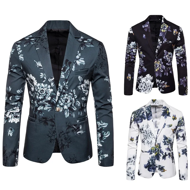 Chaqueta con estampado Floral para hombre, ropa de calle de tendencia coreana, traje informal de Hip Hop, Blazer ajustado, abrigo Masculino 2023