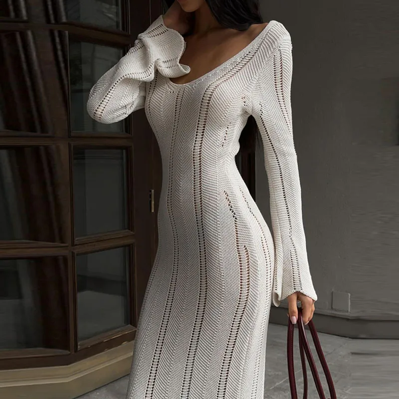 

Fall Casual Solid Color Thin Knitted Long Dress Women Sexy Deep V Neck Hollow Party Dress Spring Long Sleeve Slim Fit Boho Dress