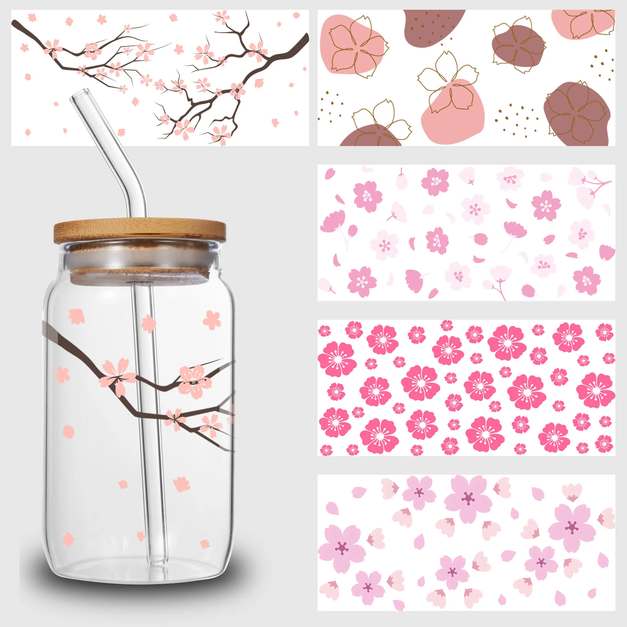 

5 sheets Sakura UV DTF cup stickers, glass DTF transfer stickers, waterproof wipe transfer paper, suitable for 16 oz glass, mugs
