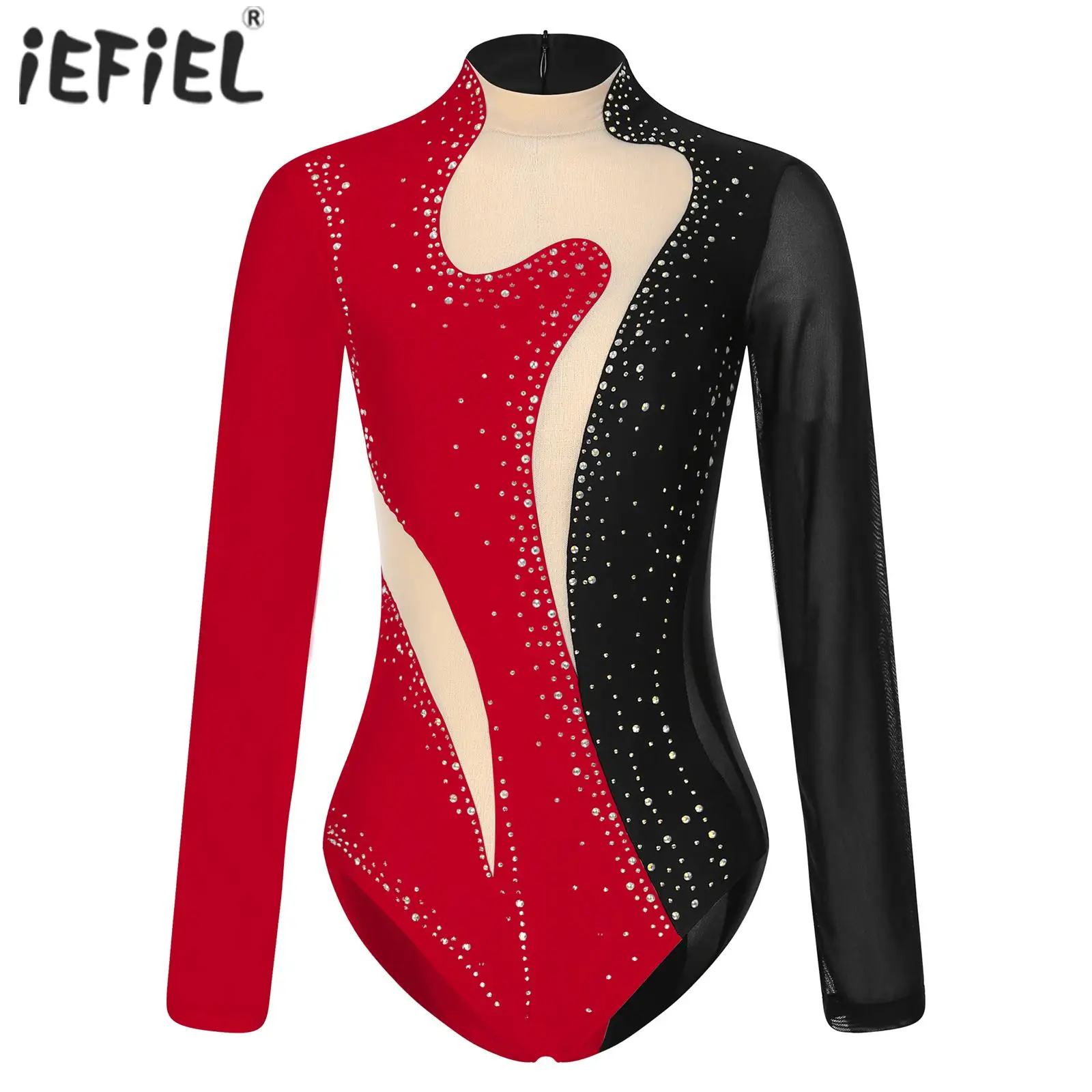 Womens Rhythmic Gymnastics Leotards Figure Skating Ballet Costume Sparkling Rhinestone Sheer Mesh Long Sleeve Bodysuit Dancewear