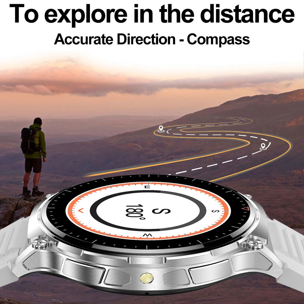 Montre intelligente de sport pour homme, boussole extérieure, lampe de poche, appel Bluetooth, fréquence cardiaque, santé, NDavid, musique, météo, montre intelligente de fitness