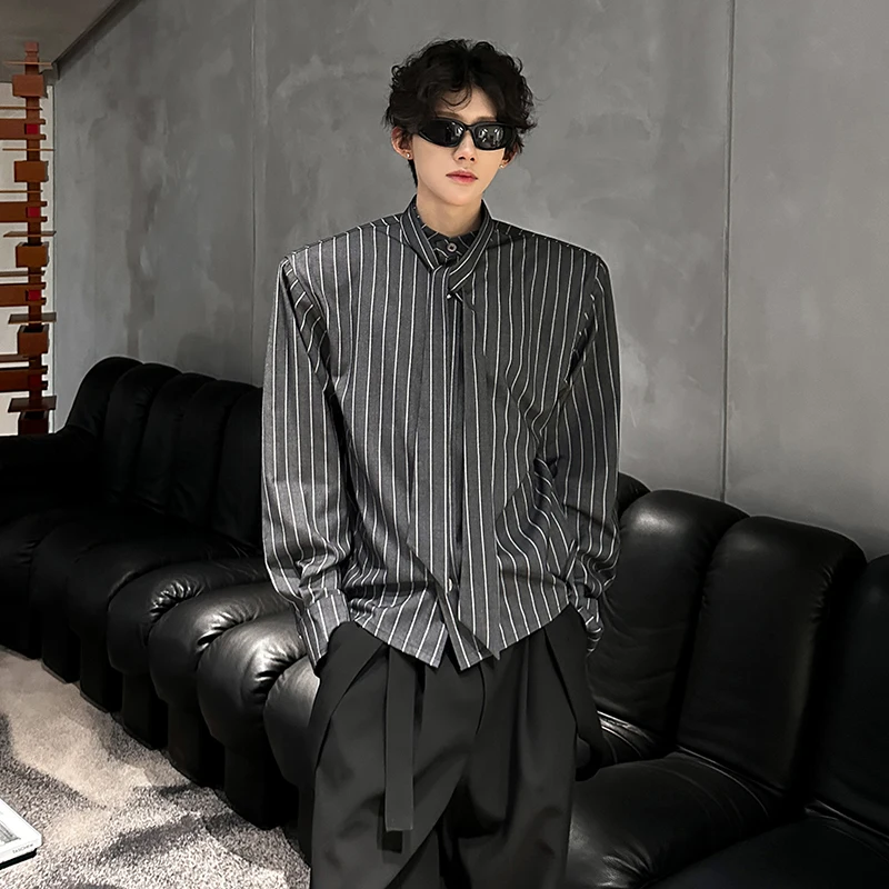 

Мужская осенняя рубашка в клетку с наплечниками, черно-белая в полоску, модная, ретро, молодежная, из смесового полиэстера