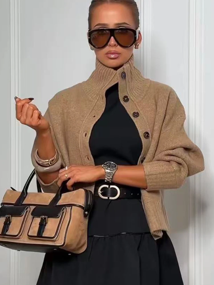 Elegant Women's High Neck Knitted Sweater Coat 2026 Autumn Winter Fashion Soft Knitwear Button Open Jacket Stand Collar Top