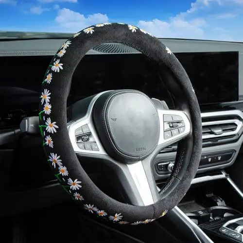 

Cute Embroidered Daisy Steering Wheel Cover - Black Anti-Slip Universal Fit 15" Car Accessory for Women