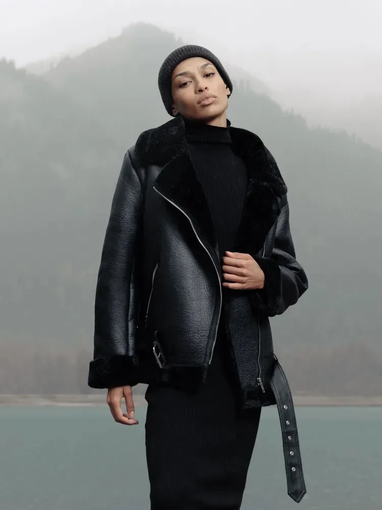 معطف شتوي نسائي من جلد الغنم الصناعي للنساء سترة جلدية معاطف وسترات شتوية جديدة للطيار