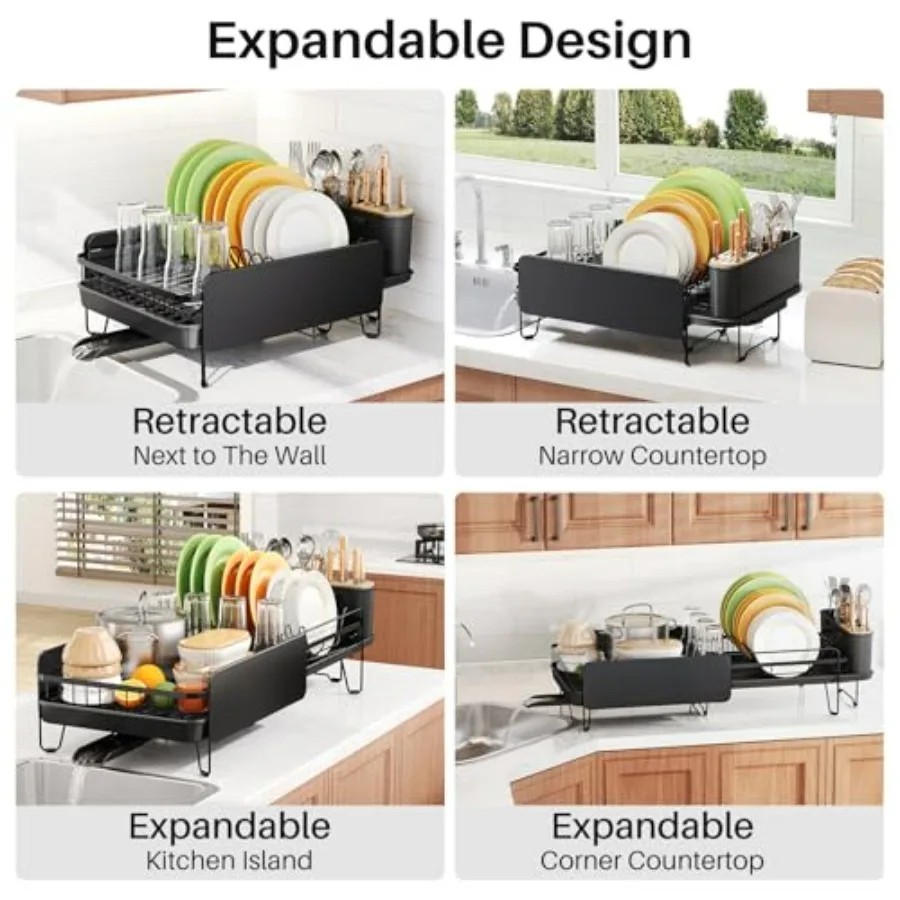 대형 확장형 주방 식기 건조대, 수저통 포함, 스테인리스 스틸 녹 방지 식기 건조대, 블랙 색상, 이상적인 선택