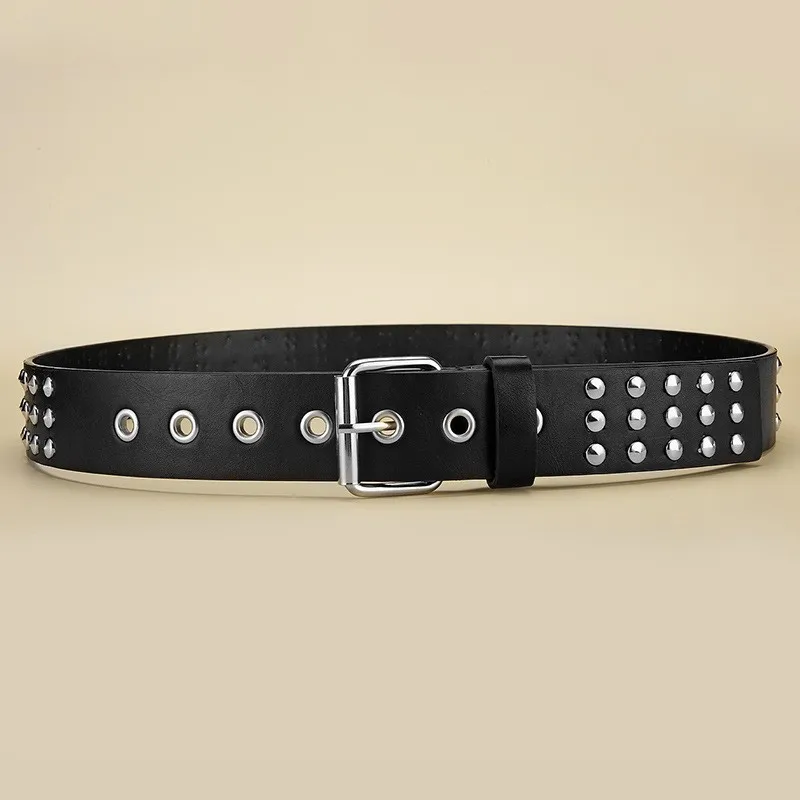 Women\'s Belt Metal Needle Buckle Belt Circular Rivet Men\'s Belt Punk HipHop Rock Style Matching Jeans Belt Cheap PU Leather Belt