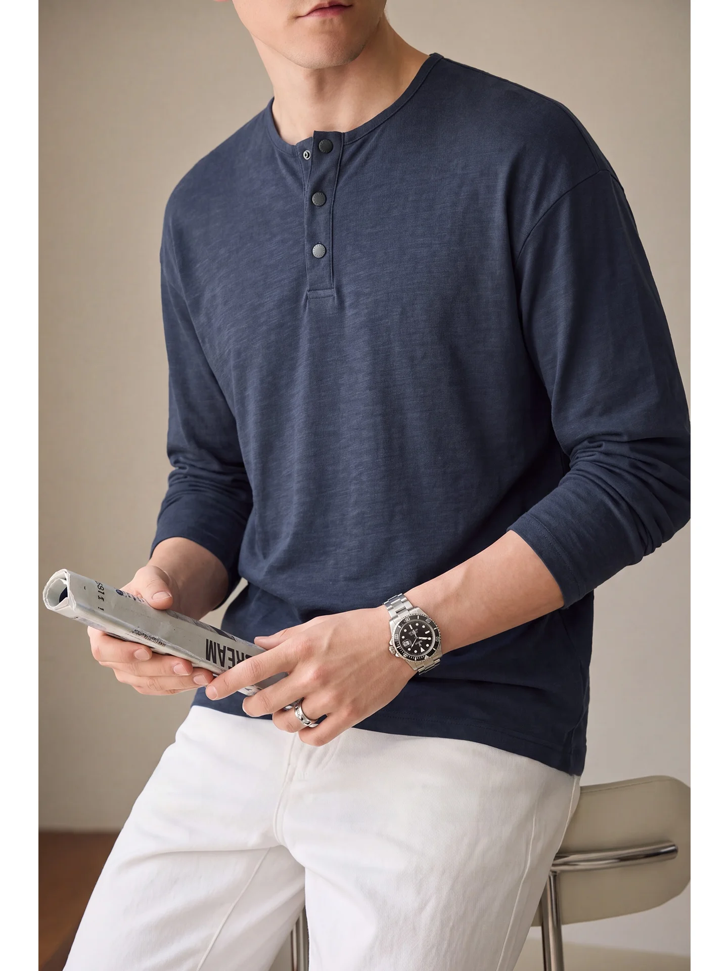 High-End Bamboo Rayon Cleanfit Henry Collar Long Sleeve T-Shirt Men's Casual Basic Shirt Fashion Urban Style Comfortable Brea...