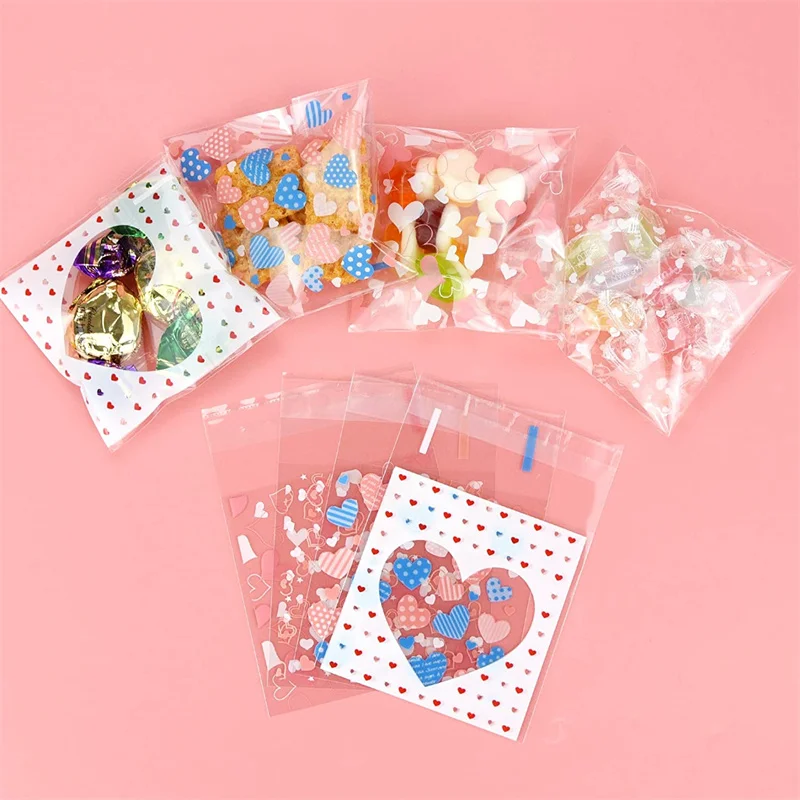 100pcs Heart Opp Plastic Bags Clear Self-Adhesive Pouch For Valentine Cookie Candys Products Jewelry Packagings Small Businesses