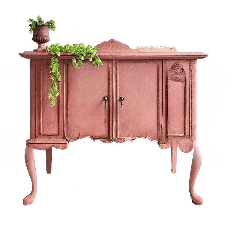 

French vintage solid wood carved entryway cabinet European retro style wall pink storage cabinet decorative cabinet