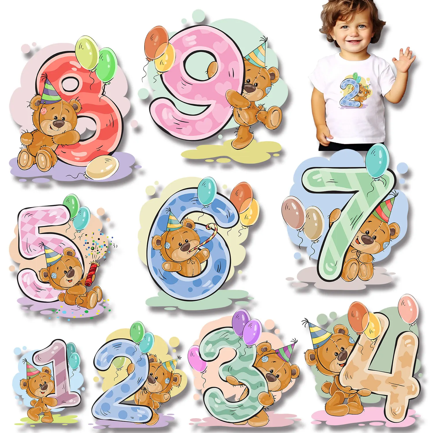 

Cute Bear Balloon Birthday decorations for children Birthday Hat Iron on Transfers Stickers for Kids' Clothes Diy Craft