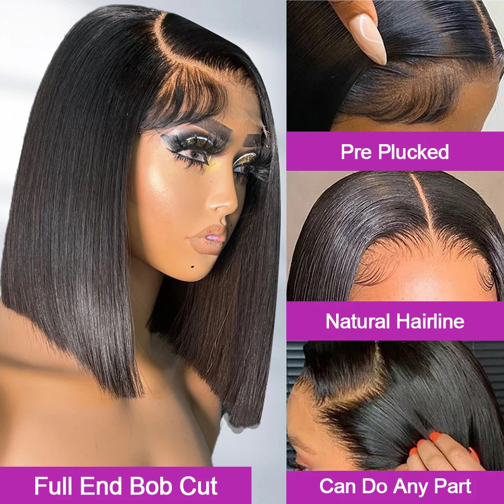 Bob Perücke Kurz Glatt Glueless 13x4 13x6 HD Lace Front 100% Echthaar 250% Dichte Wear and Go Pre-Plucked Versand aus FR Lager für Schwarze Frauen – Detail 13