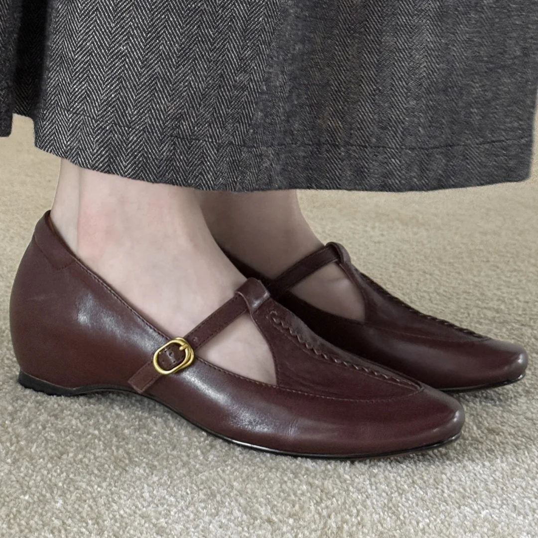 

Women's cow leather round toe t-strap slip-on pumps 4.5cm wedge med heel casual female OL style daily slim dress shoes for woman