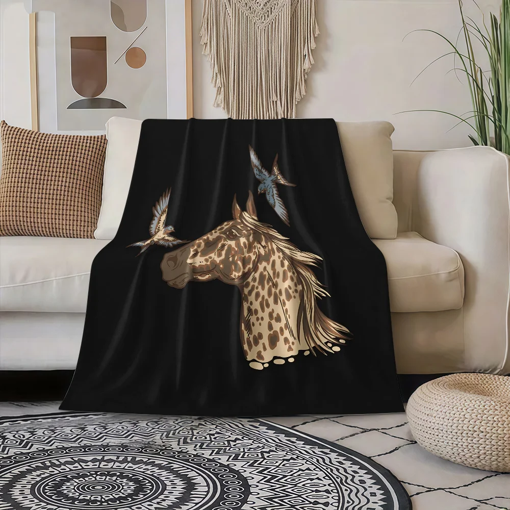 1pc Leopard Horse & Birds Print Flannel Blanket - Black/Beige/Brown Soft Bedspread, All-Season Luxury Bed Cover for Couch, Trave