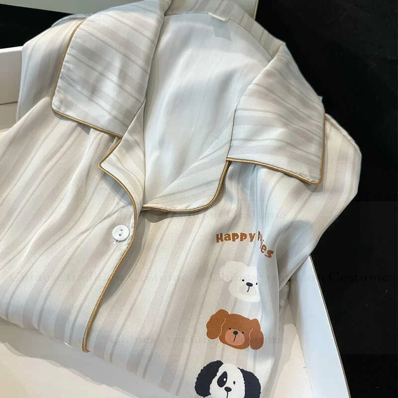 

Женский пижамный костюм из искусственного шелка, одежда для сна с милой мультяшной собакой, комплект для сна с длинными рукавами, ночная рубашка, женские пижамы, новинка 2023 года, осенняя домашняя одежда