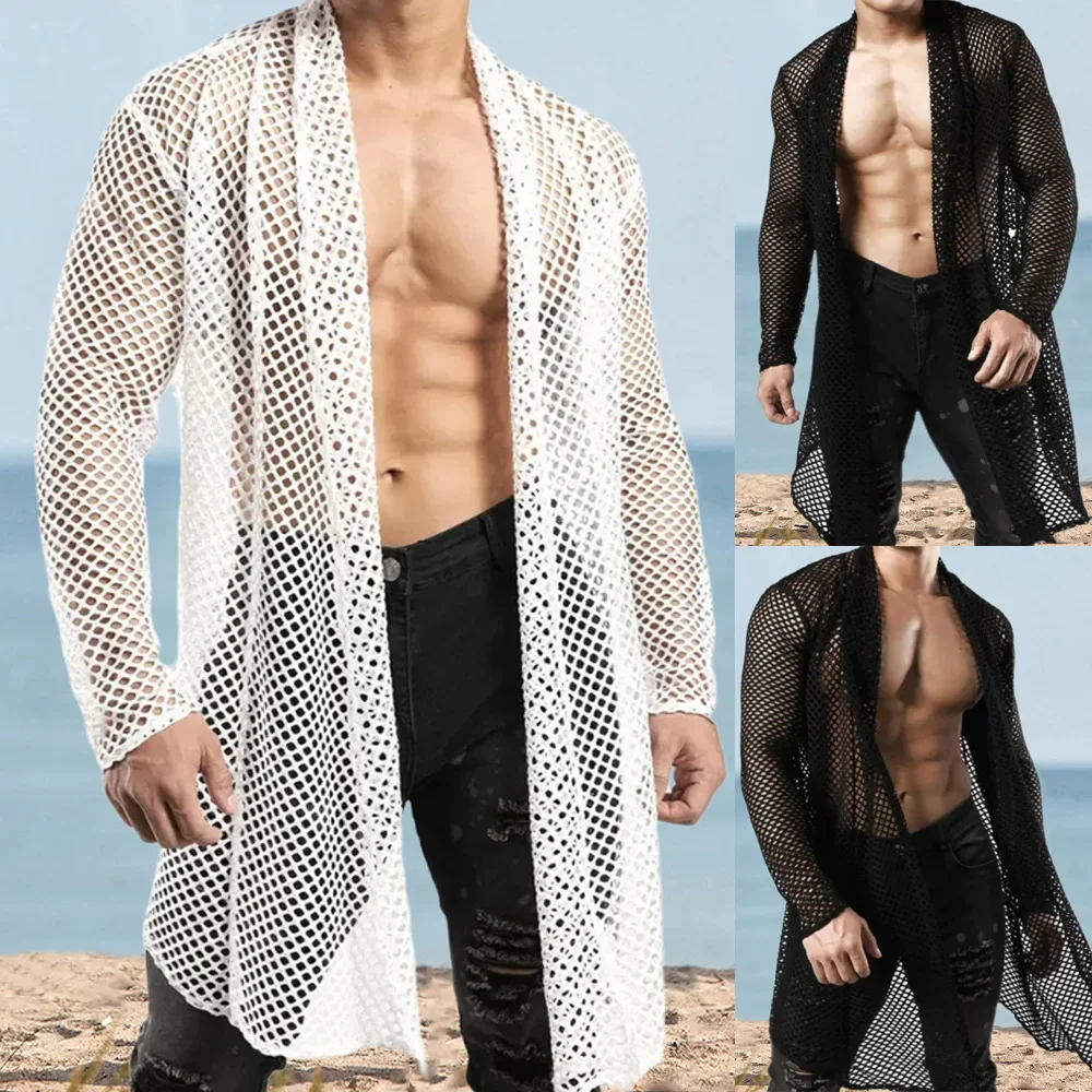 

Sexy Male Sexy Hollow Out Knit Long Cardigan Streetwear Men Fashion Perspective Long-sleeved T Shirts Male Beach Vacation Tops