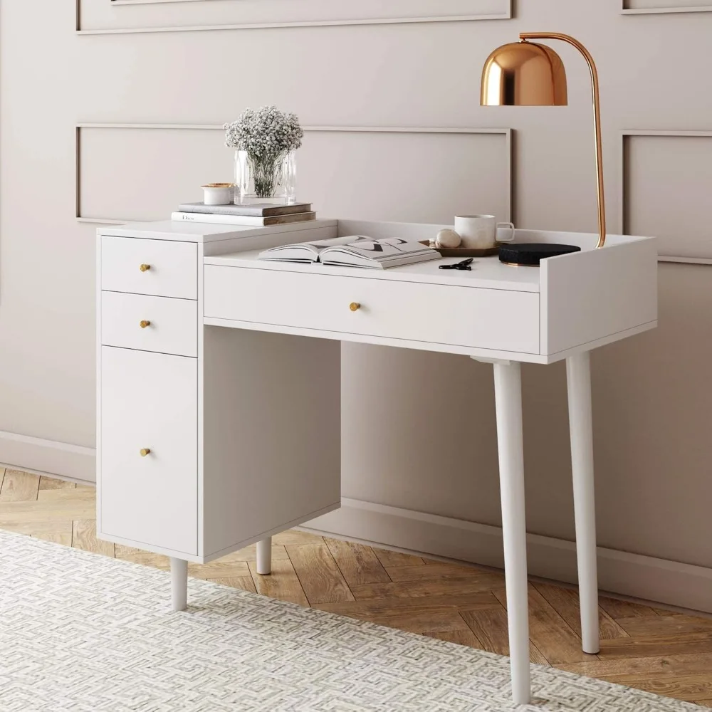 Vanity Dressing Table or Makeup Desk with 4-Drawers and Brass Accent Knobs, White Wood