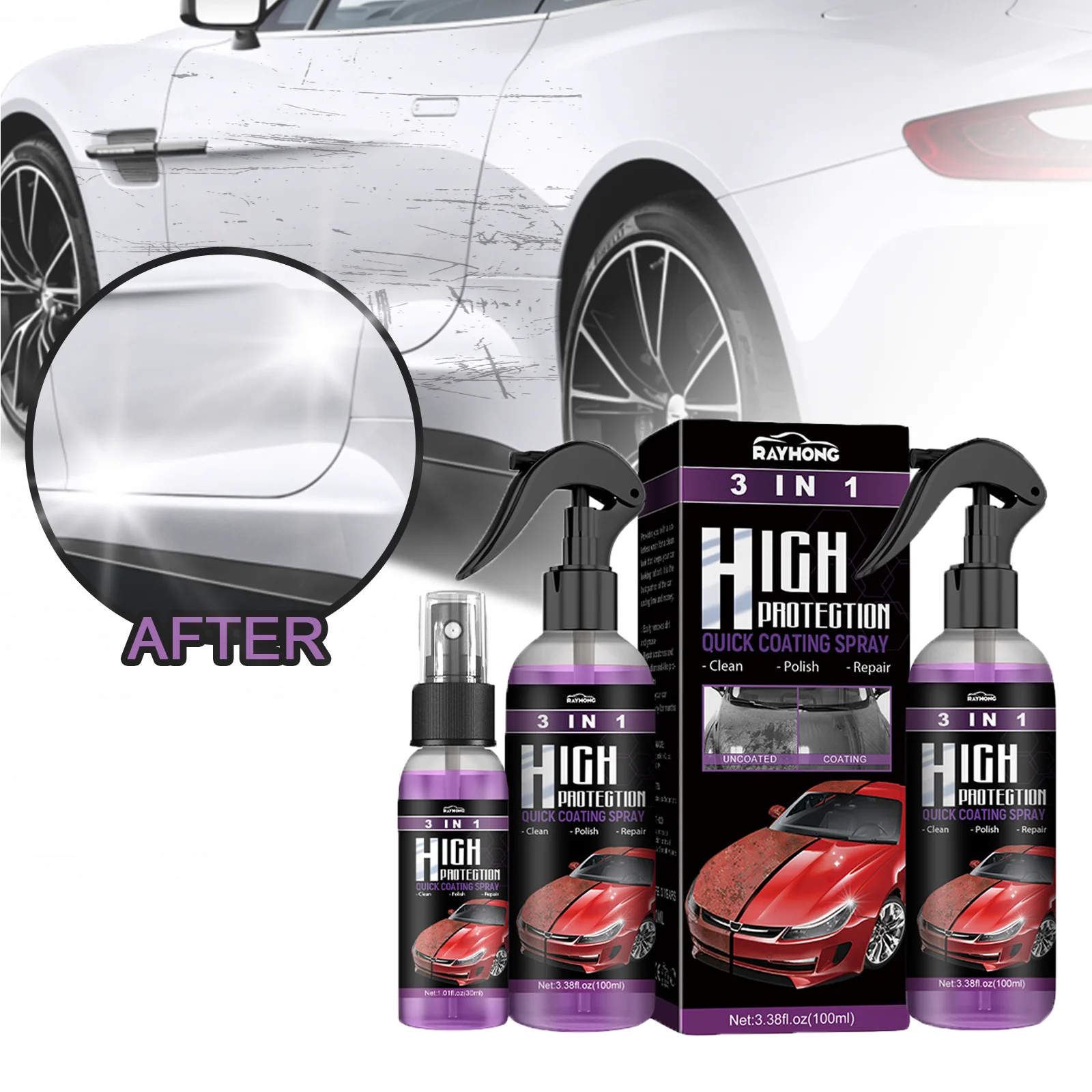 Rayhong 3 in 1 High Protection Quick Car Coating Spray cleaning repair polishing Spray Coat Ceramic Coating