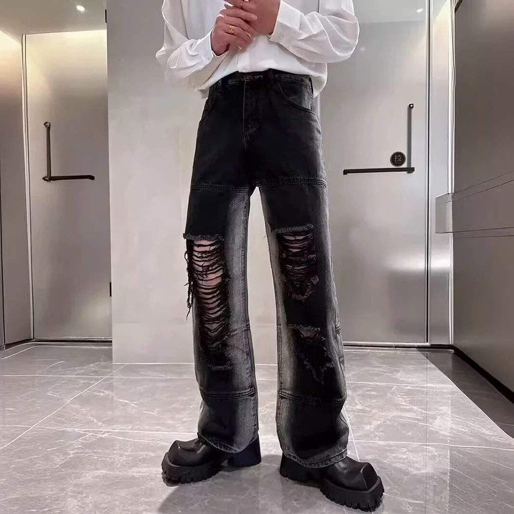 

Men's Color Matching Straight Jeans Trousers American Retro Fashion Trend Street Slim Breathable Niche Summer New Men's Bottoms