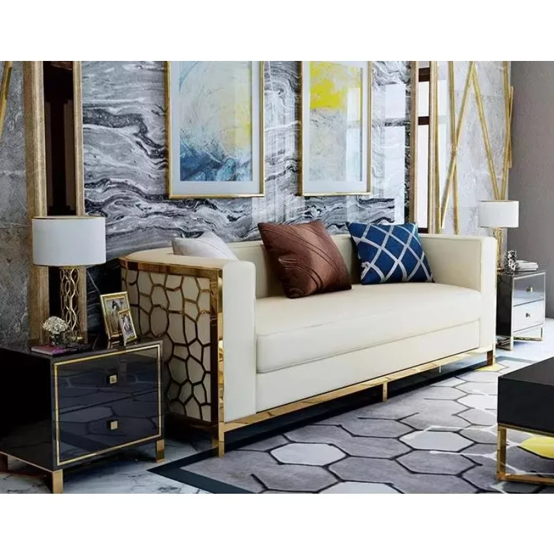 

Leather or Fabric Modern Office Sofa Set with Golden Stainless Steel Legs Gold Modern Stainless Steel Frame Luxury Single Sofa