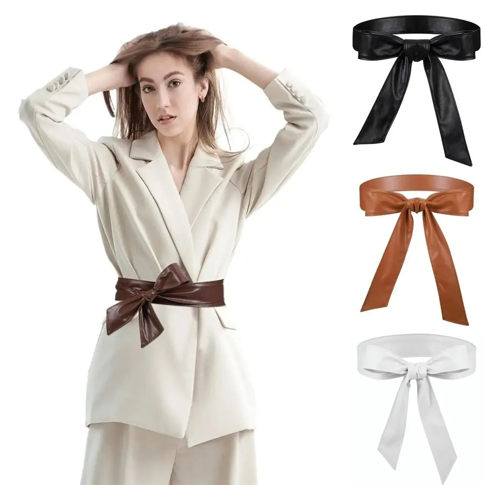 Casual Versatile PU Leather Belts Classic No Buckle Dress Tie Belts Soft Solid Color Bowknot Belts For Dress Coat
