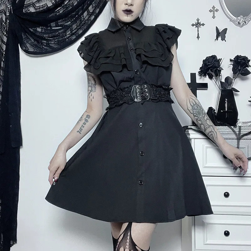 Gothic Vintage Short Prom Dress Women Chic Patchwork Black Slim A Line Dresses Sexy Party Grunge Aesthetic Streetwear Outfits