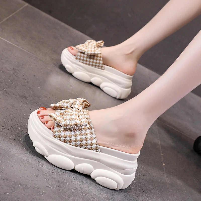 Shoes House Slippers Platform Slipers Women Increased Internal On A Wedge Heeled Mules Loafers Butterfly-Knot Luxury Slides 2024