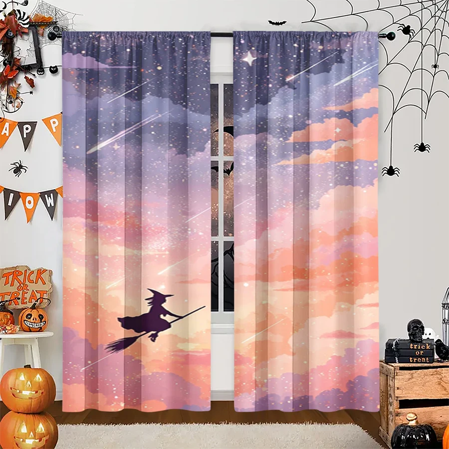 2PCS Digital Print Curtain, Witch Broomstick Sunset Cloud Meteor Purple, Halloween Mystic Celestial for Living Room Decor