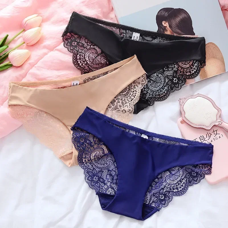 Bragas sexis de encaje para mujer, bragas íntimas de seda helada sin costuras, elásticas, transpirables, de cintura media, lencería femenina, 2 piezas