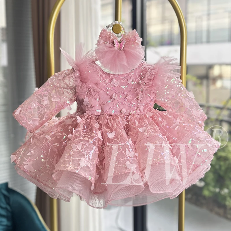 

Baby Birthday Dress 1-12 Years Old Girls Sequin Butterfly Long Sleeve Princess Dress Fashionable Luxury Host Stage Show Costume