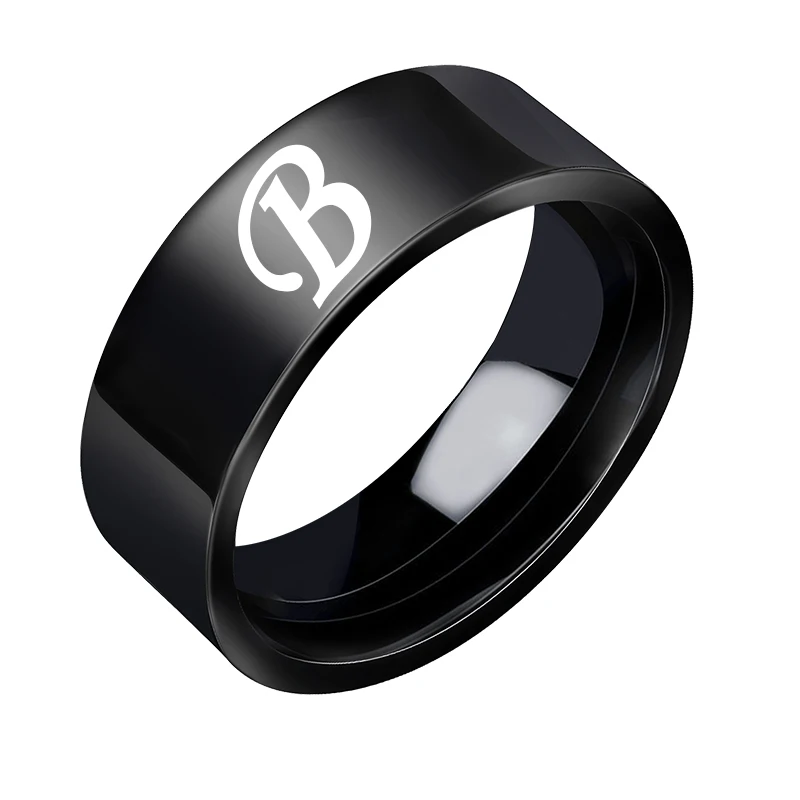 Men'S Black Letter Stainless Steel Ring 26 Letters Metal Adjustable Opening Ring Initials Men'S Party Fashion Jewelry