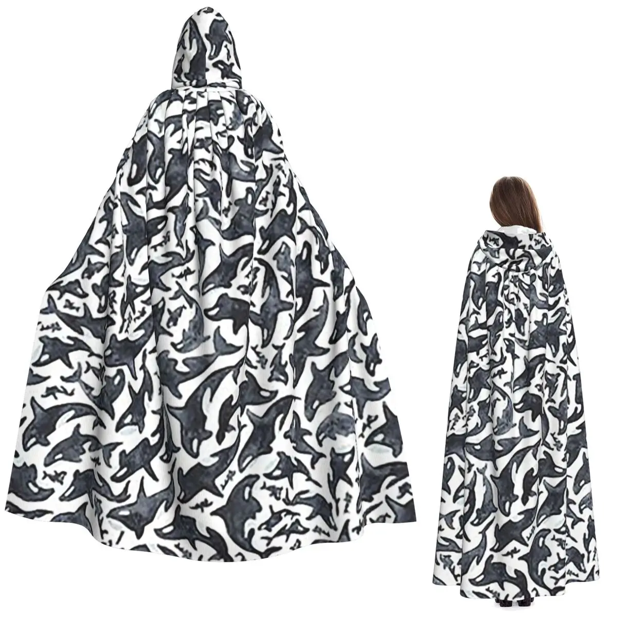 Capa Larga con Capucha de Orca, Tiburón Asesino Marino, Disfraz Medieval de Bruja, Capa de Cosplay para Halloween, Abrigo Unisex para Adultos
