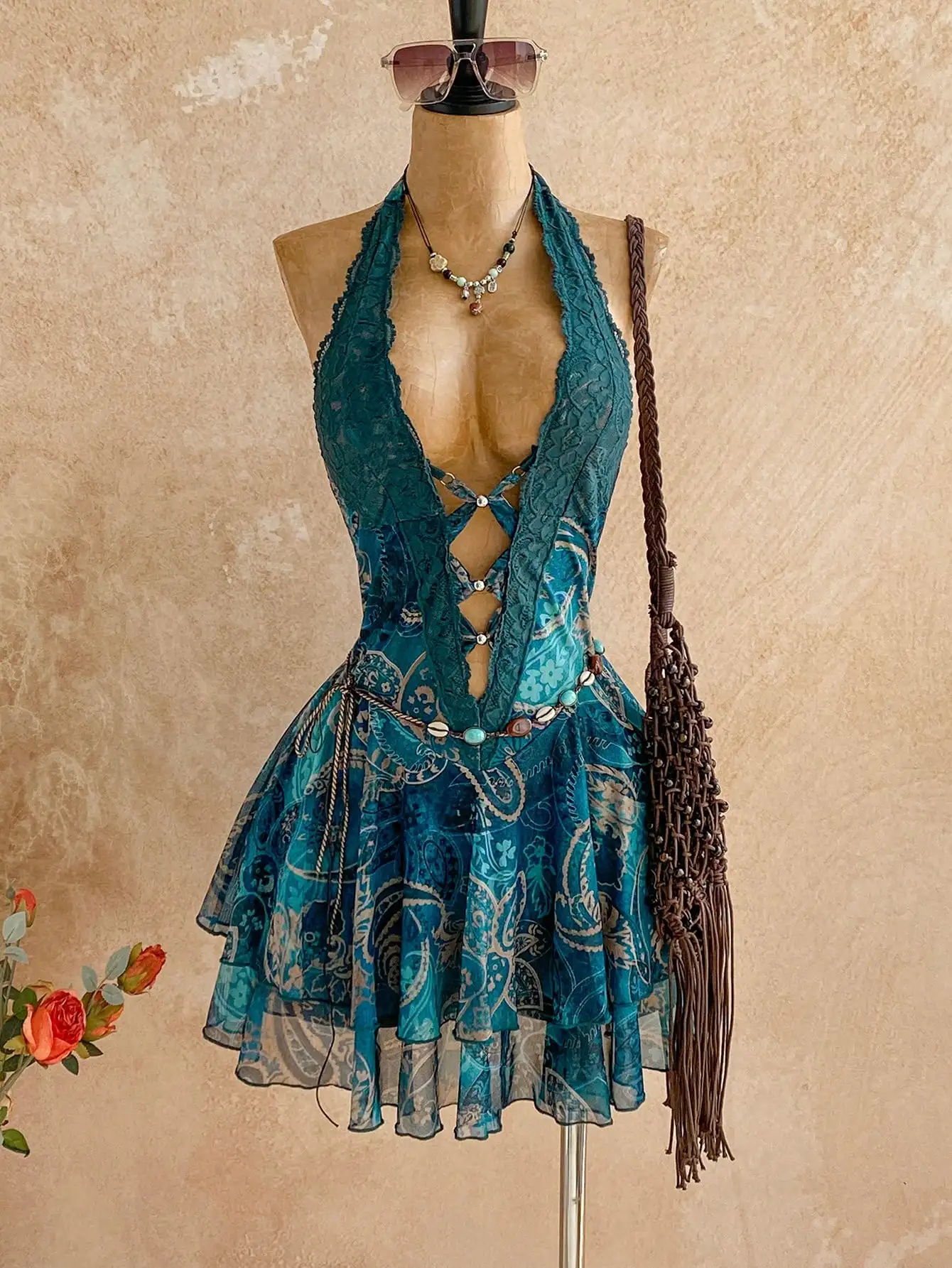 Teal Boho Halter Neck Lace-Up Mini Dress with Paisley Print and Ruffle Hem