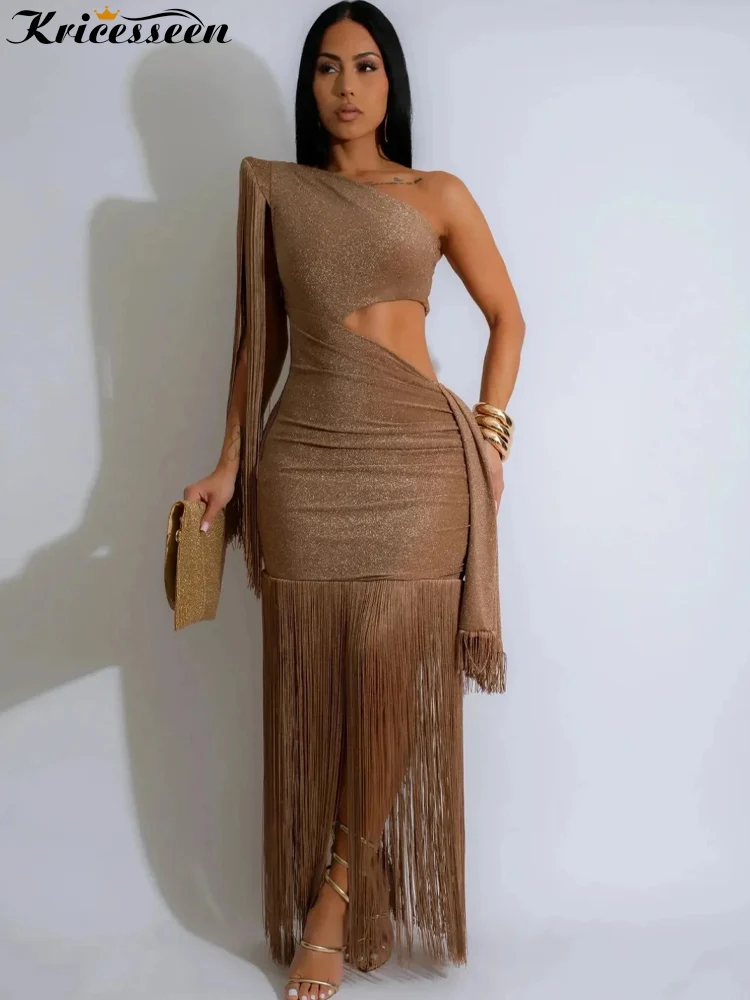 Kricesseen Vestido sexy de fiesta con un solo hombro y purpurina para mujer con borlas y bodycon para eventos de noche/club