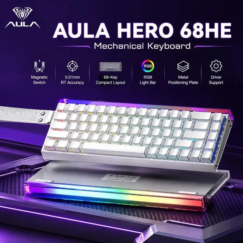 AULA HERO 68 HE Wired Gaming Keyboard Hall Effect Magnetic Switch RGB Neon Light Metal Plate for Competitive PC Gamer Play Fast