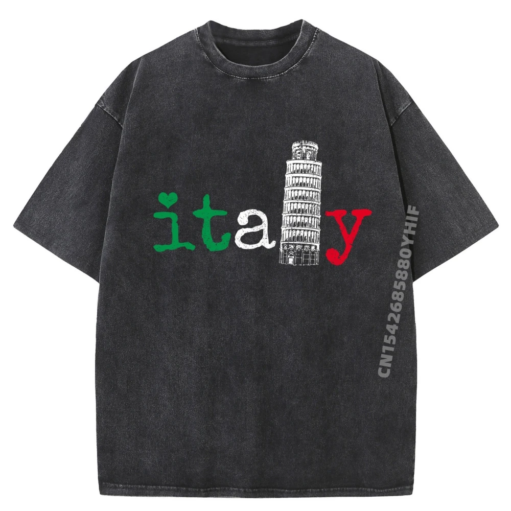 

Italy Italia Italian Flag Pride Leaning Tower Of Pisa Men's Printed T-Shirts Graphic T Shirt Homme Washed Tshirts