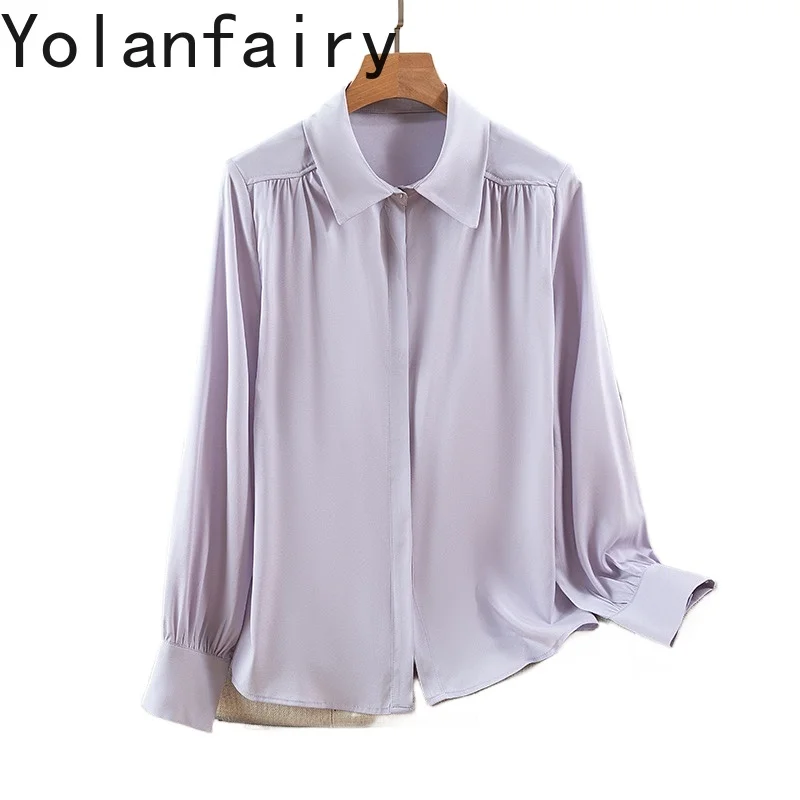 

YOLANFAIRY 93% Real Mulberry Silk 7% Spandex Women Shirt Elegant Pleated Long Sleeve Tops Elegant Shirts Dames OL Purple Shirt