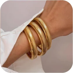10mm Chunky Stretch Bangles Bracelets for Women 18K Gold Plated Stainless Steel Link Chain Flexible Wide Wristband Jewelry Gifts